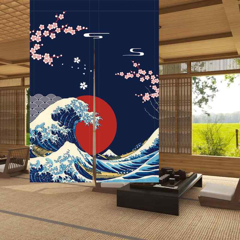 のれん 間仕切り 目隠し 浮世絵 北斎 神奈川沖浪裏 桜柄 和風 和モダン ポリエステル製 寝室 リビング 玄関 キッチン 廊下 トイレ 脱衣所 カフェカーテン ハーフ丈