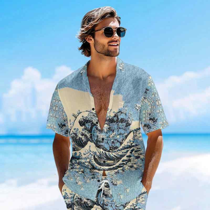アロハシャツ メンズ 通気性抜群 ストレッチ 洗濯機洗いOK 半袖 薄手 ゆったり オーバーサイズ 春夏 カジュアル ストリート アニマル 波 総柄 プリント ポリエステル素材