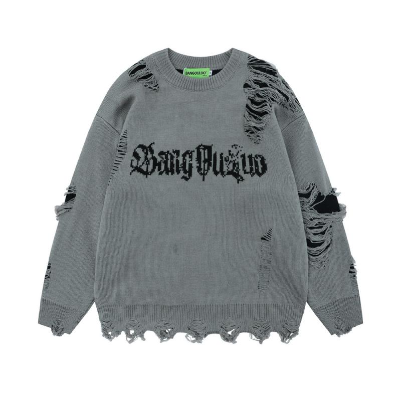 Crew Neck - ニット メンズ ダメージ加工 ゆったり オーバーサイズ クルーネック 長袖 プルオーバー セーター アクリル ストレッチ ストリート系 カジュアル 秋冬