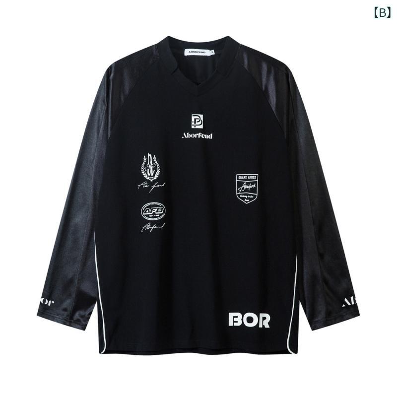 Tシャツ メンズ 速乾 通気性 伸縮性 ゆったり Vネック ラグラン スリーブ 切り替え 長袖 ニット ポリエステル スポーツ カジュアル ストリート系 ロゴ プリント 春秋