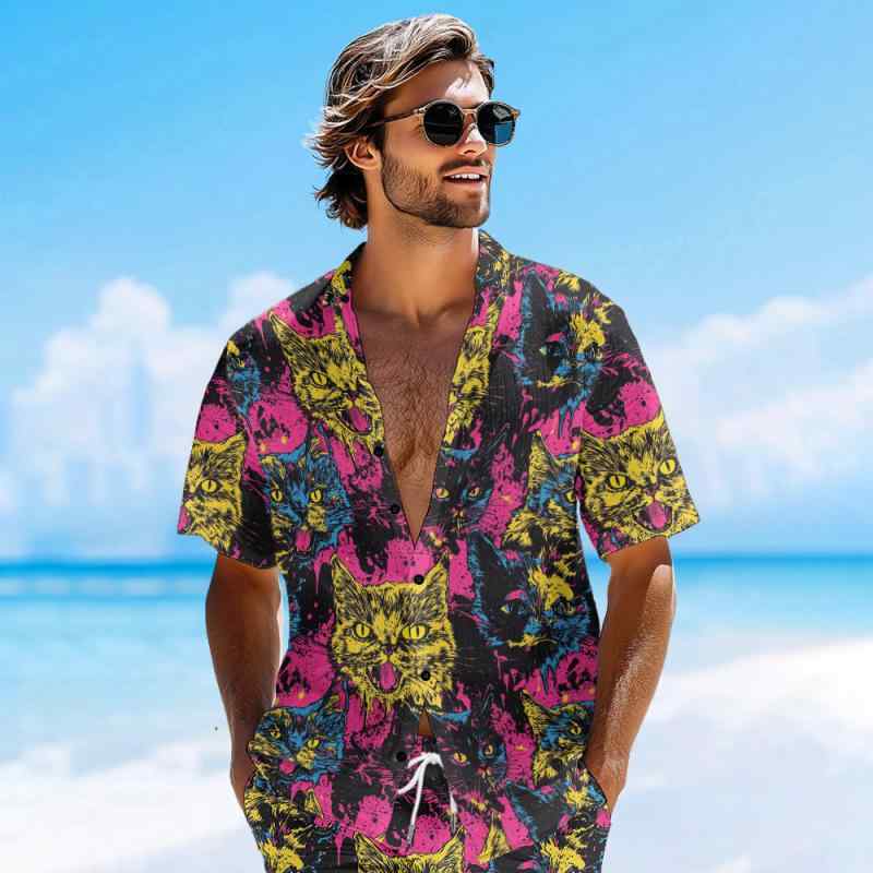 シャツ メンズ 男性用 半袖 開襟シャツ オープンカラー 猫柄 花柄 総柄 アロハシャツ ハワイアン リゾート ビーチ カジュアル ゆったり ルーズフィット 薄手 通気性 速乾 洗濯機対応 ポリエステル 夏 トップス