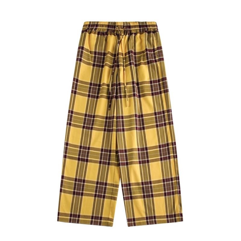 カジュアルパンツ メンズ ルーズフィット ワイド チェック柄 ウエストゴム ストリート アメリカン レトロ 日系 着回し抜群 アイロン不要 綿混 ポリエステル ストレートシルエット ロング丈
