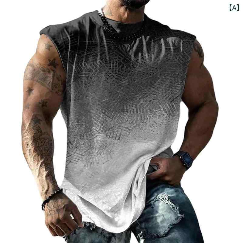 タンクトップ メンズ 吸汗速乾 通気性 スポーツ ゆったり 3Dグラフィックプリント コットンライク ポリエステル 春夏 トレーニング ジムウェア カジュアル ストリート