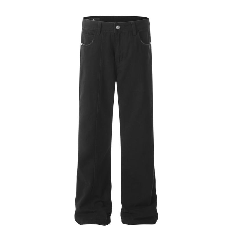 デニムパンツ メンズ 綿100% ノンストレッチ ウォッシュ加工 ジップフライ ミッドライズ ルーズフィット 無地 ストレート 切り替え デザイン ダメージ加工 カジュアル ストリート アメカジ ロングパンツ ブラック オールシーズン対応