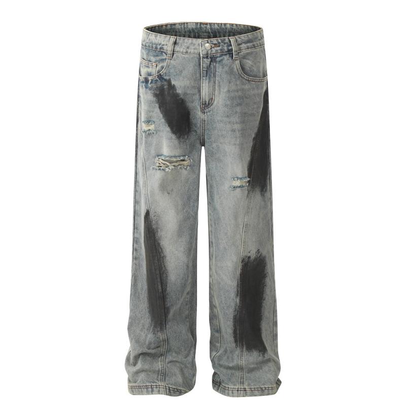 デニムパンツ メンズ ノンストレッチ パンク グランジ ダメージ クラッシュ スプラッター スプレーペイント ユーズド ダーティー ストレート 個性派 ストリート カジュアル
