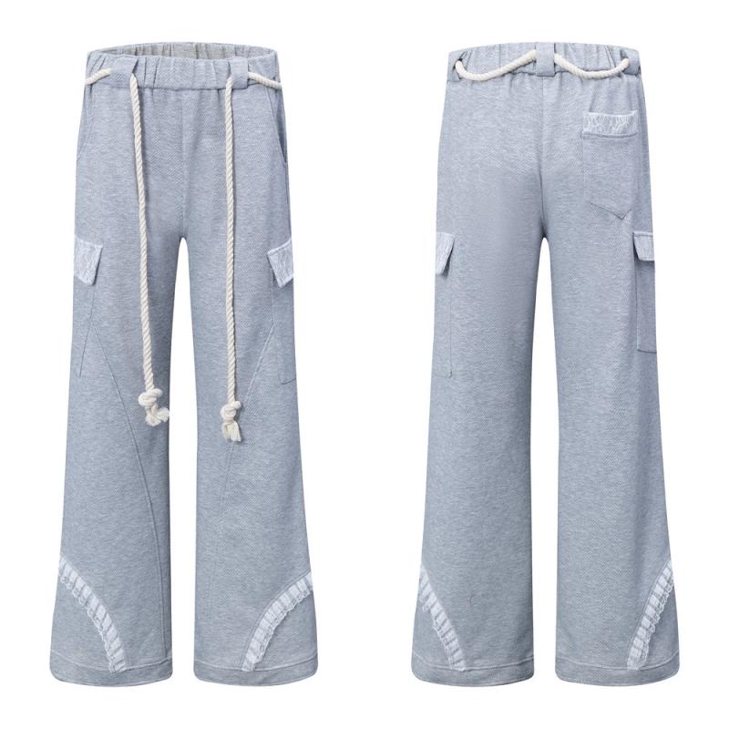 カジュアルパンツ メンズ ワイド フレア ロング丈 レース切り替え 麻紐ベルト ゆったり ルーズフィット ストリート コットン オールシーズン