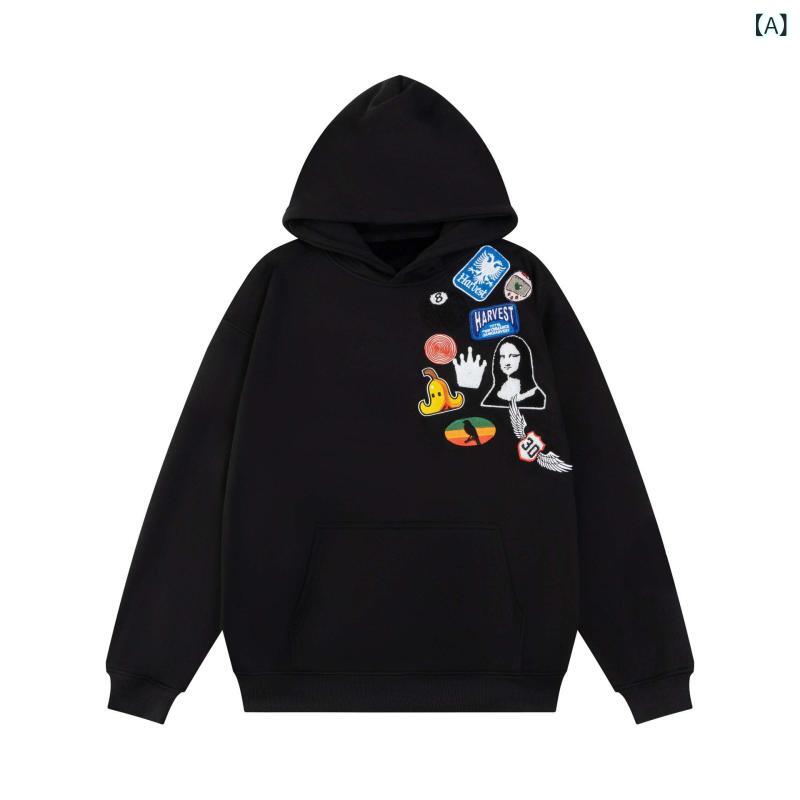 パーカー 男女兼用 裏起毛 プルオーバー ゆったり ルーズフィット オーバーサイズ ストリート系 カジュアル 長袖 コットン アメリカン キャラクター 刺繍 スウェット トレーナー 秋冬 黒 白 M L XL