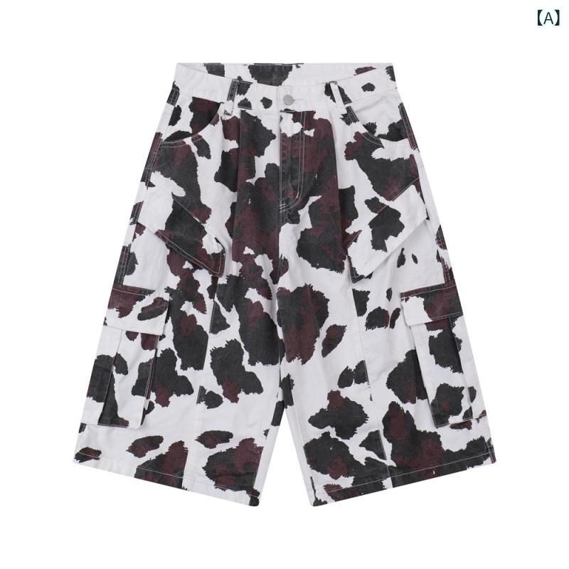 カーゴハーフパンツ メンズ 牛柄 ヒョウ柄 アニマル柄 ルーズ ワイドシルエット 多ポケット 綿100% イージーケア 春夏 ストリート カジュアル デザイン 個性的 普段使い