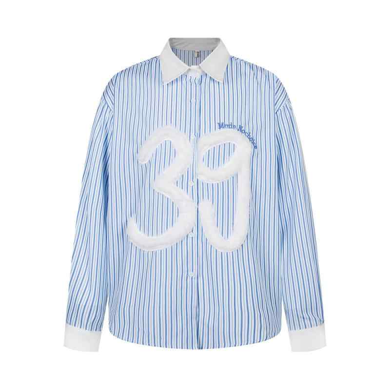 シャツ メンズ 通気性 綿100% アメリカンカジュアル ストライプ ゆったり 長袖 数字39刺繍 配色切り替え 襟付き ピンク ブルー 春秋 カジュアル(4)