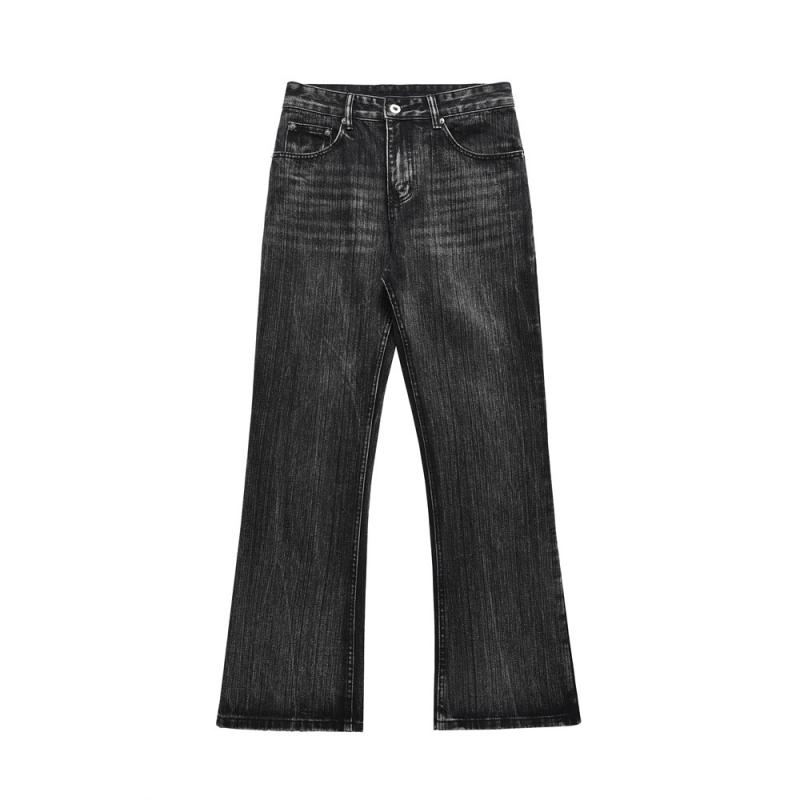 デニムパンツ メンズ ユーズド加工 ウォッシュ加工 微フレア ブーツカット バイブスタイル ヒッピー風 レトロ ヴィンテージ ルーズフィット ゆったり ストリート カジュアル ロングパンツ 綿 オールシーズン ブラック