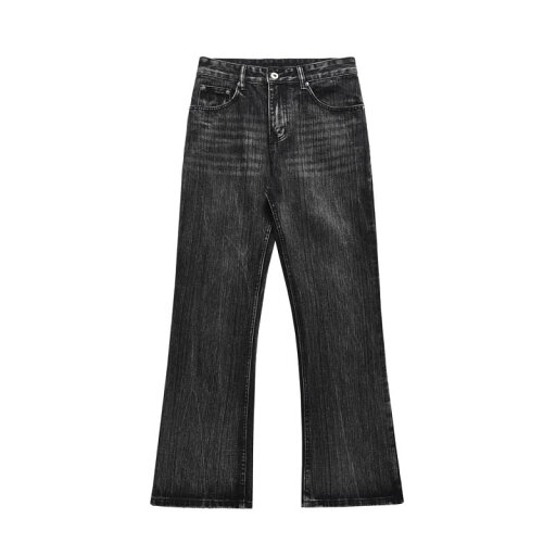 デニムパンツ メンズ ユーズド加工 ウォッシュ加工 微フレア ブーツカット バイブスタイル ヒッピー風 レトロ ヴィンテージ ルーズフィット ゆったり ストリート カジュアル ロングパンツ 綿 オールシーズン ブラック