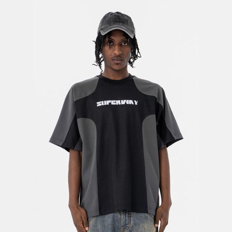 Tシャツ メンズ 男性用 春夏 ゆったり オーバーサイズ ビッグシルエット ドロップショルダー クルーネック 切り替え 配色 ロゴプリント コットン 綿100% ストリートカジュアル 普段使い リラックス 半袖