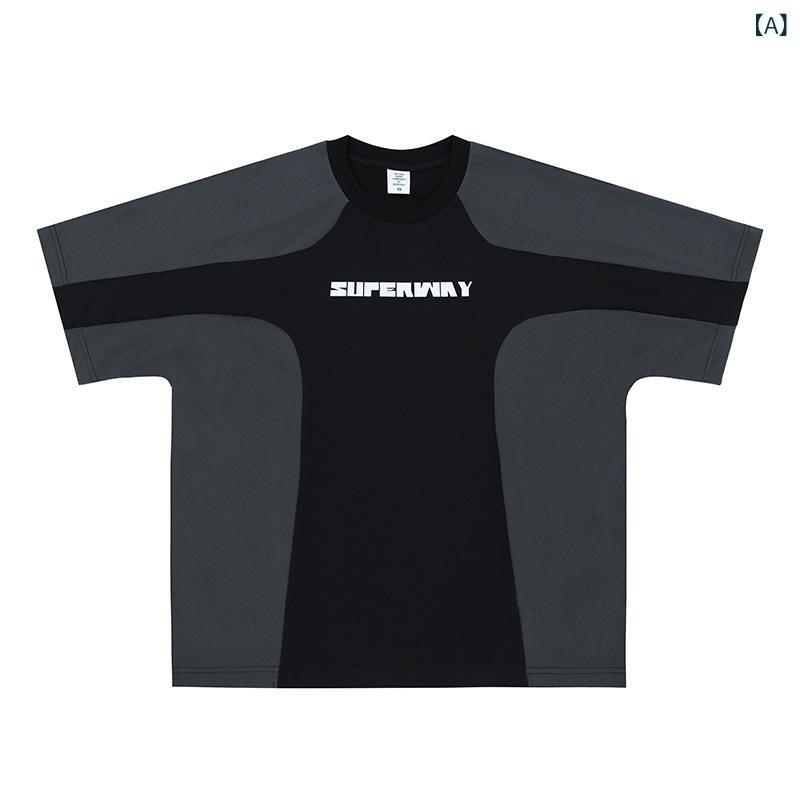 Tシャツ メンズ 男性用 春夏 ゆったり オーバーサイズ ビッグシルエット ドロップショルダー クルーネック 切り替え 配色 ロゴプリント コットン 綿100% ストリートカジュアル 普段使い リラックス 半袖
