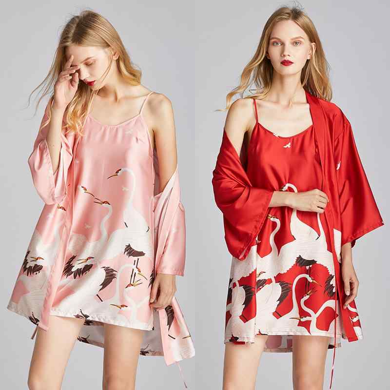 パジャマ レディース 接触冷感 ゆったり 薄手 シルク調 サテン調 ルームウェア ガウン ローブ ナイトウ..