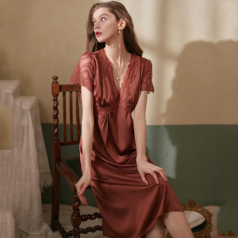 ナイトドレス レディース 接触冷感 通気性抜群 フェイクシルク カップ付き 半袖 ロング丈 Vネック レース プリンセスデザイン ルームウェア パジャマ ワンピース ワンマイルウェア オールシーズン 部屋着