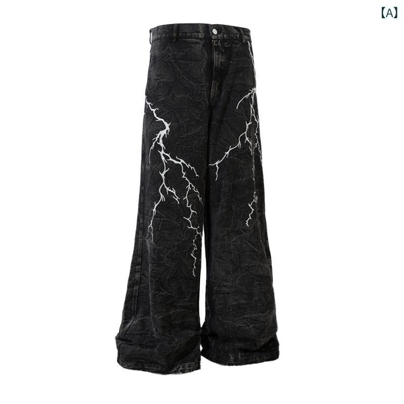 デニムパンツ メンズ 立体刺繍 ワイドパンツ ダッドパンツ ウォッシュ加工 ルーズフィット ストリートファッション カジュアルスタイル 綿素材 ミッドウエスト オールシーズン ブラック