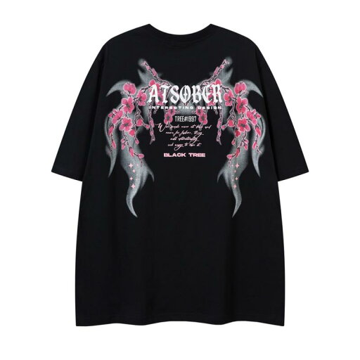 Tシャツ メンズ 透湿 吸汗速乾 綿100% ゆったり 半袖 TEE クルーネック 梅の花 翼 プリント 個性的なデザイン ストリート カジュアル 春夏