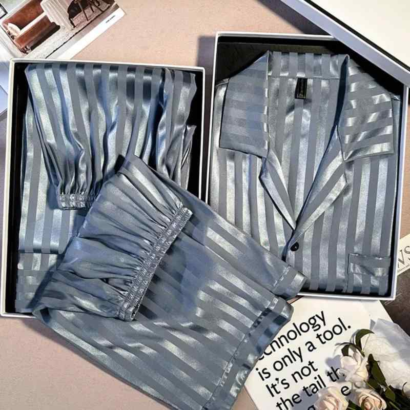 ルームウェア メンズ 接触冷感 薄手 通気性 ポケットV字刺繍 ストライプ柄 開襟 半袖シャツ ショートパ..