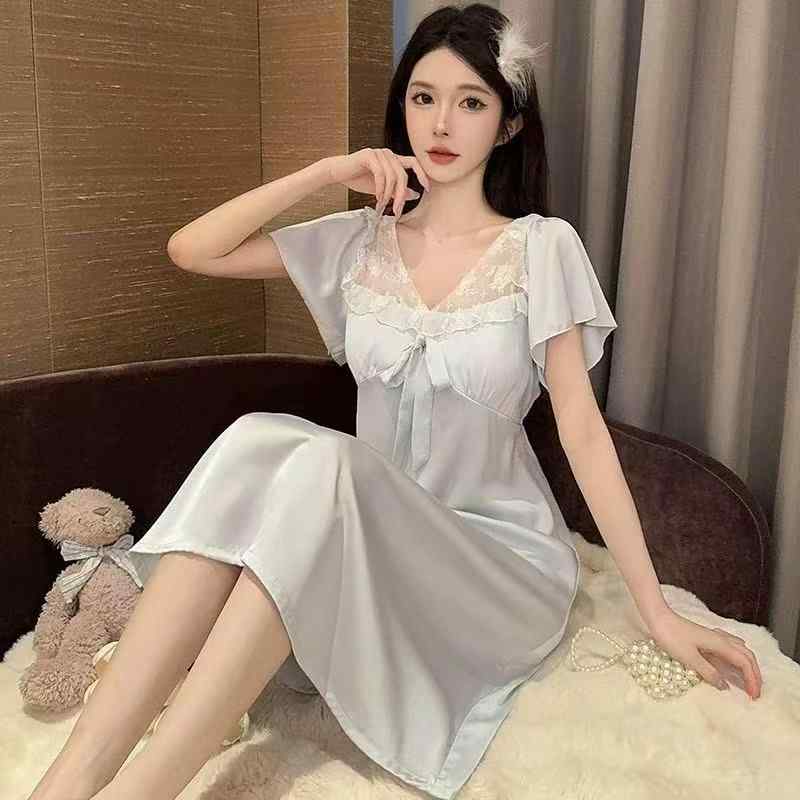 ルームワンピース レディース 接触冷感 カップ付き 超薄手 半袖 ミドル丈 丸首 フレンチ フェミニン 大人かわいい 通気性 着心地快適 部屋着 パジャマ 春夏