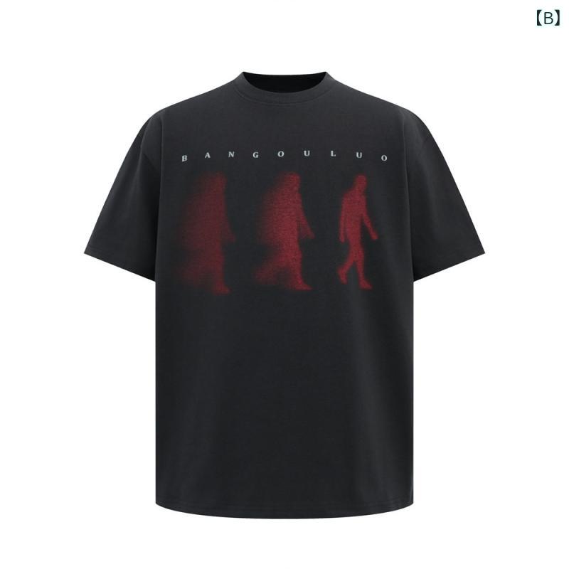 Tシャツ メンズ 通気性 シルエットプリント 半袖 5分袖 クルーネック ゆったり オーバーサイズ 綿混 ストリート アメカジ カジュアル 普段着 部屋着 春夏