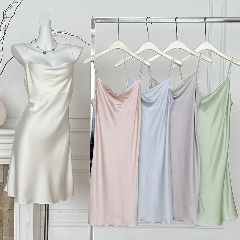 ルームウェア レディース 接触冷感 ポリエステル 無地 キャミソールワンピース キャンディカラー シン..
