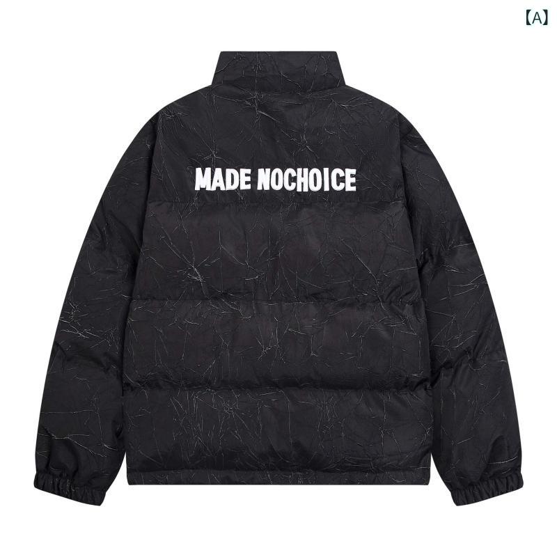 パファージャケット 男女兼用 防寒 厚手 中綿入り ジップアップ ストリート系 アメカジ 配色切り替え レター刺繍 スタンドカラー ゆったり ルーズフィット カジュアル ミドル丈 ブラック ホワイト