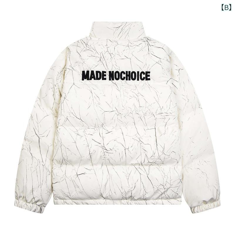 パファージャケット 男女兼用 防寒 厚手 中綿入り ジップアップ ストリート系 アメカジ 配色切り替え レター刺繍 スタンドカラー ゆったり ルーズフィット カジュアル ミドル丈 ブラック ホワイト