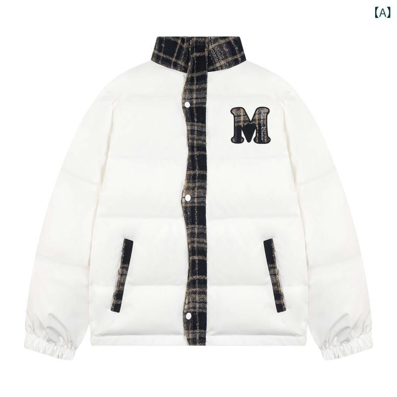 中綿ジャケット ユニセックス ストリート系 アメカジ バイカラー パッチワークデザイン ロゴ刺繍 オーバーサイズ 厚手 スタンドカラー ミドル丈 ポリエステル素材 防寒 保温 冬アウター