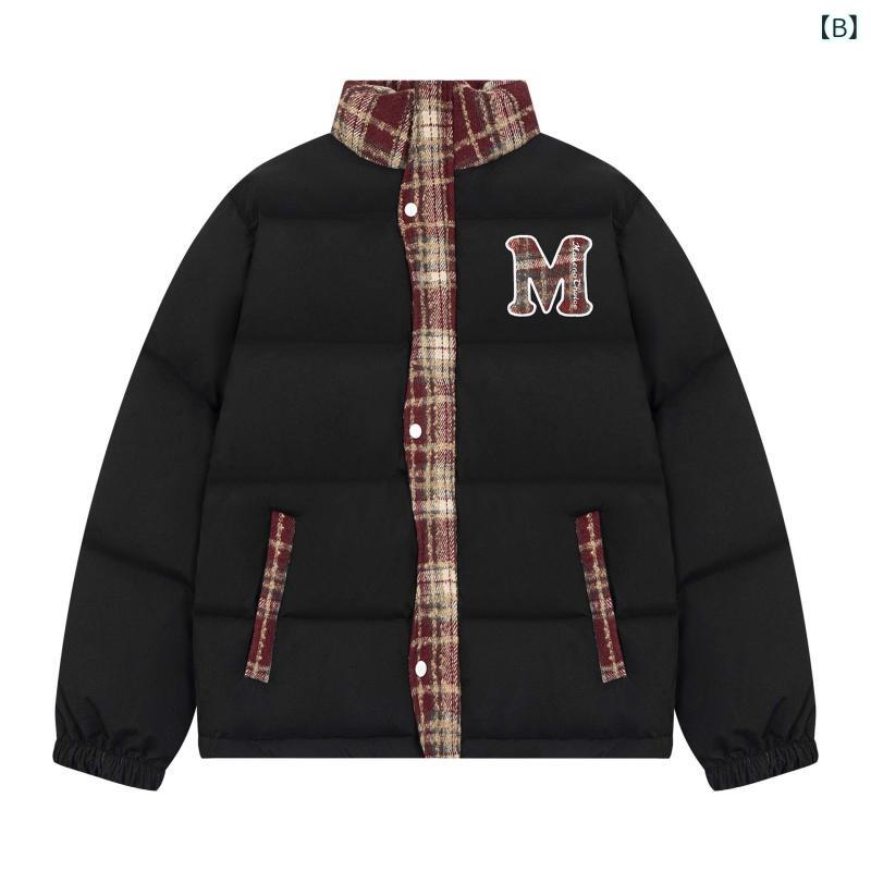 中綿ジャケット ユニセックス ストリート系 アメカジ バイカラー パッチワークデザイン ロゴ刺繍 オーバーサイズ 厚手 スタンドカラー ミドル丈 ポリエステル素材 防寒 保温 冬アウター
