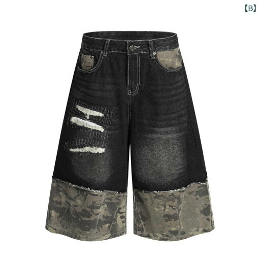 デニム ショートパンツ メンズ ダメージ加工 パッチ ウォッシュ加工 迷彩柄 切り替え ロールアップ ワイド ストリート系 カジュアル 部屋着 春夏 ノンストレッチ
