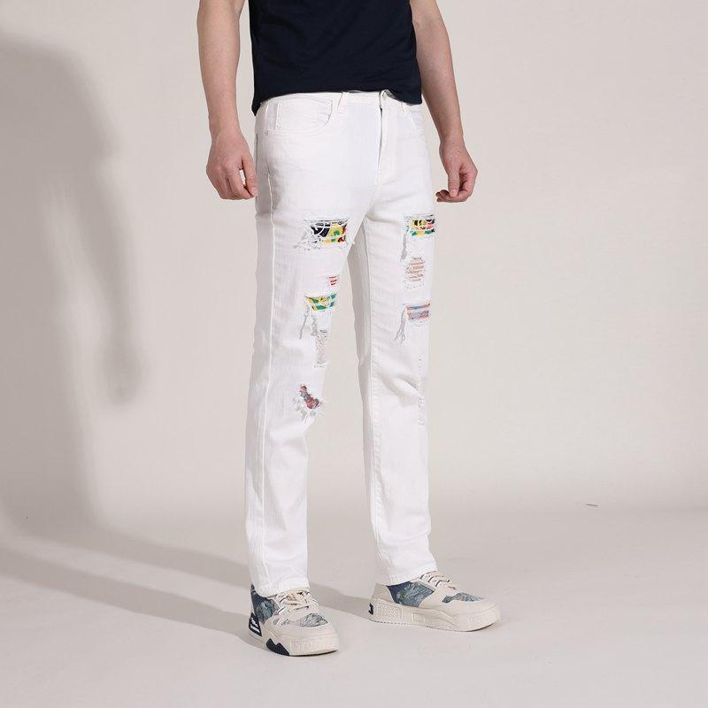 ジーンズ メンズ ダメージ加工 ストレッチ スリムストレート ミッドライズ コットン ウォッシュ加工 ホワイト デニムパンツ カジュアル ジップフライ