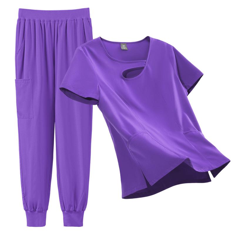 ユニフォーム レディース スクラブ 上下セット 吸汗速乾 通気性 快適 白衣 医師 看護師 医療用 美容 介護 エステ 動物病院 制服 半袖 ラウンドネック 無地 長ズボン ポリエステル素材 オールシーズン 豊富なカラー