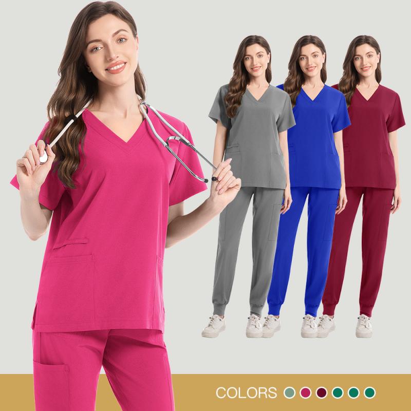 スクラブ 男女兼用 吸湿速乾 伸縮性 医療ユニフォーム 医師 看護師 上下セット 大きいサイズ 長ズボン ポリエステル スパンデックス 半袖 Vネック オールシーズン対応