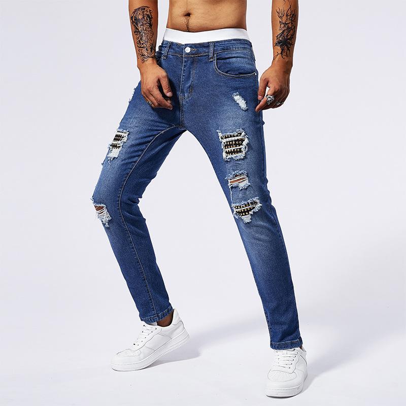 ジーンズ メンズ ストレッチ ダメージ加工 ウォッシュ加工 スリムストレート パッチワーク リベット ブルー デイリー カジュアル 春秋