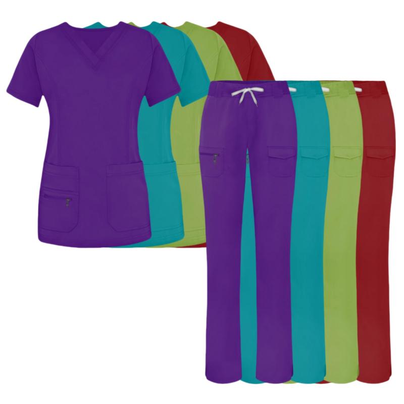 吸汗速乾 スクラブ レディース Vネック 半袖 ロングパンツ セット 医療用 介護 動物病院 スパサロン 作業着 ユニフォーム 春夏秋冬 ポ..