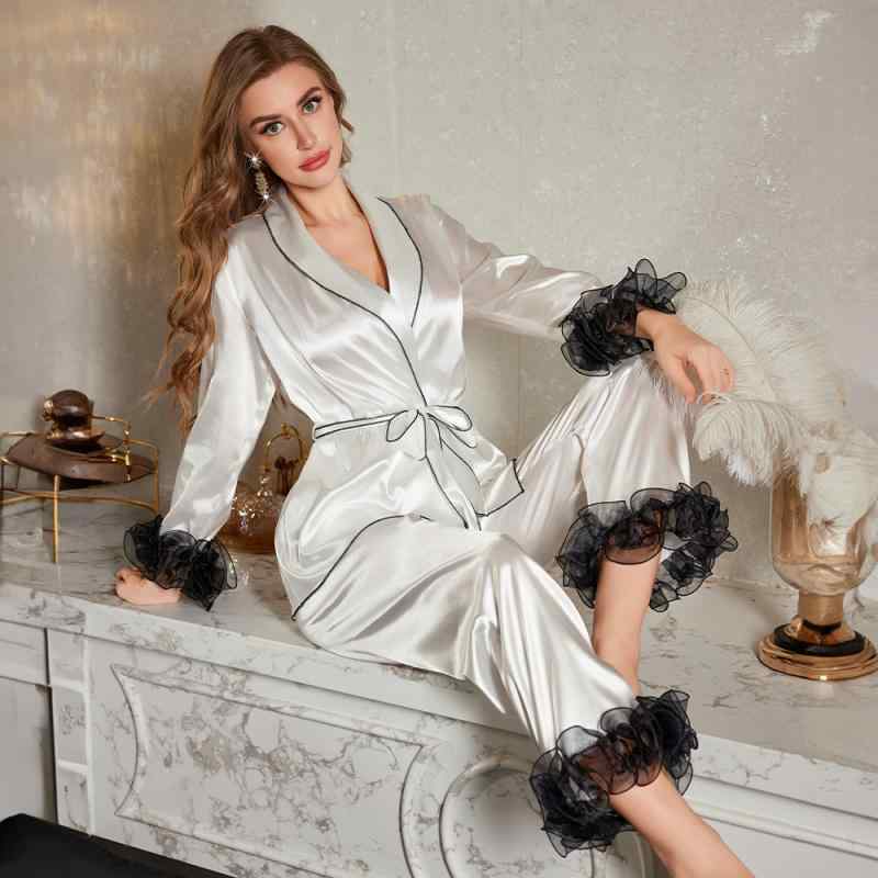 パジャマ レディース 高級感 接触冷感 フェイクシルク オーガンジー フリル レース Vネック 長袖 長パ..