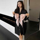 ルームウェア レディース 接触冷感 吸汗速乾 薄手 夏 ゆったり かわいい Vネック ビッグリボン カーディガン ネグリジェ ミディ丈 半分袖 サテン シフォン パジャマ 部屋着 韓国風 セット