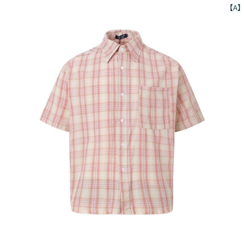 シャツ メンズ 通気性抜群 ゆったり ルーズフィット ビッグシルエット 半袖 チェック柄 開襟 ストリート アメカジ カジュアル ウォッシュ加工 裾フリンジ 春夏 ポリエステル混紡