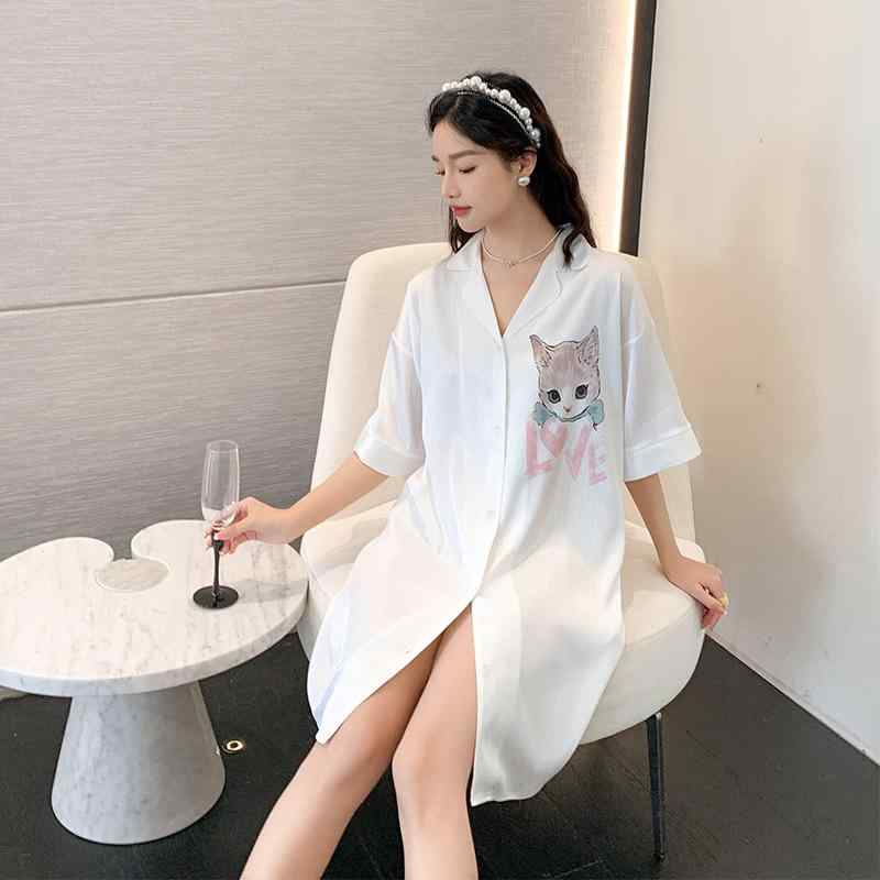 ルームウェア レディース 春夏 接触冷感 Vネック ゆったり サテン シフォン ヘリンボーン柄 花と猫柄 ..