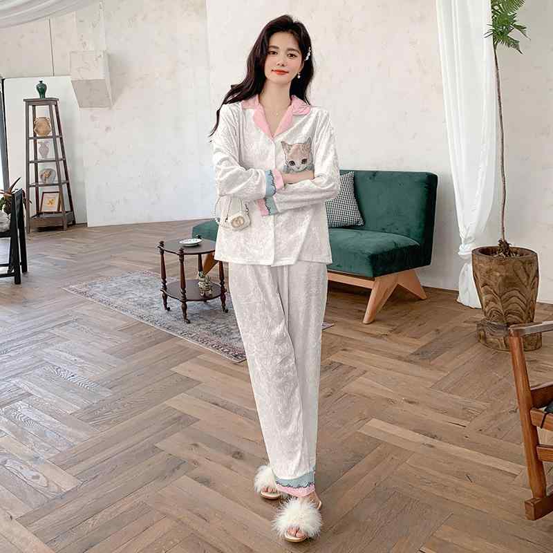 パジャマ レディース 秋冬 暖かい 保温 厚手 快適 ゆったり ベロア素材 襟付き 花柄プリント 長袖 ロン..