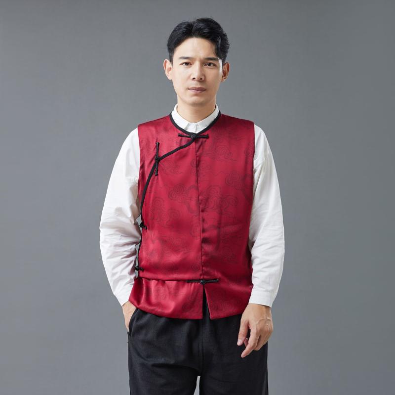 ベスト メンズ 新中国風 唐装 ノースリーブ ジレ 絹サテン 高級感 滑らかな肌触り 二重生地 普段使い カジュアルスタイル 秋冬物 グレー ワインレッド(4)