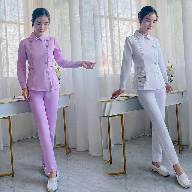ナース服 レディース 吸湿速乾 綿混 高級感 韓国風 医療美容 歯科医院 病院 クリニック 看護師 介護士 ケアワーカー 制服 ユニフォーム 長ズボン 上下セット 春秋 ピンク ホワイト(x2)