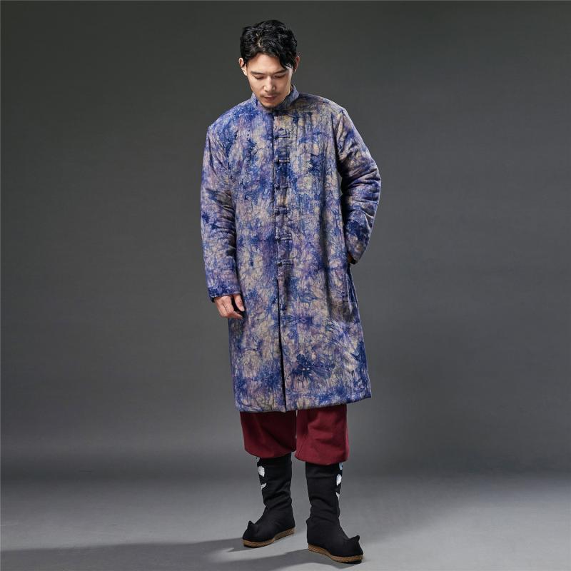 ジャケット メンズ 中わた ロング丈 秋冬 民族風 エスニック 絞り染め レトロ 中国風 開襟デザイン カジュアル 大人向け 普段使い ポリエステル 麻混 ブルー