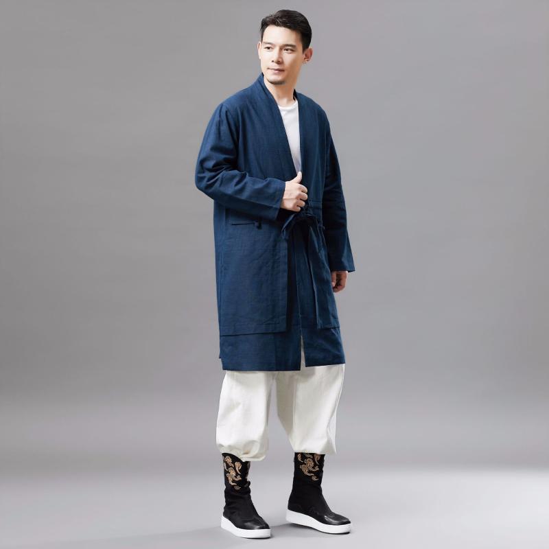 メンズ 民族服 秋冬 レトロ 中国風 Vネック チャイナボタン ウエストベルト付き シャツ カジュアルスタイル 綿麻素材 エスニックファッション