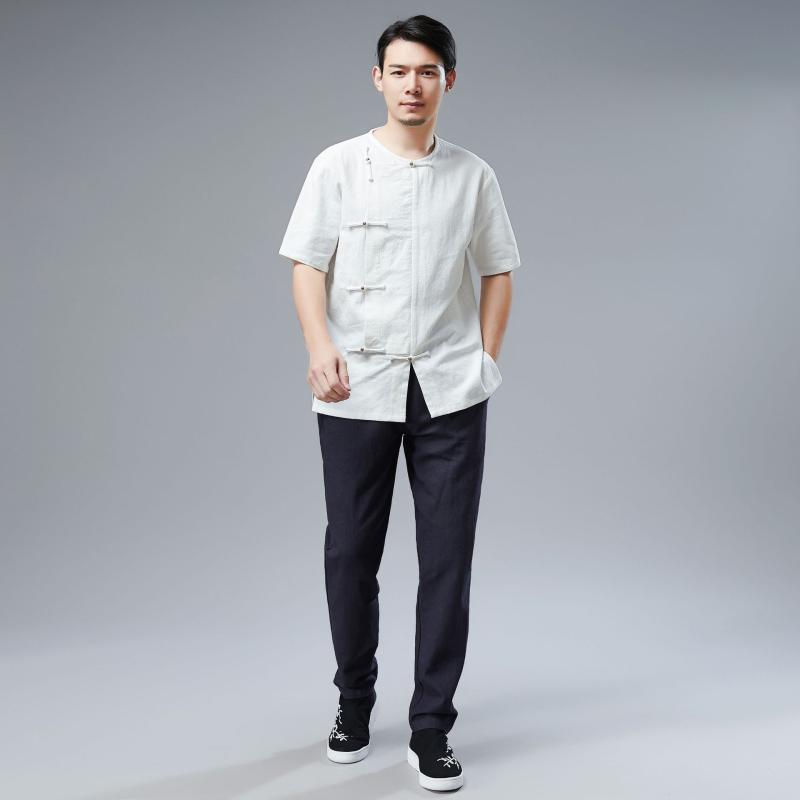 Tシャツ メンズ 半袖 銅ボタン付き チャイナ風 コットン リネン レトロ 無地 スリムフィット 通気性 快..