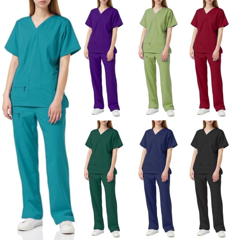 スクラブ 男女兼用 吸汗速乾 ストレッチ 薄手 ファスナー 半袖 Vネック ナース服 医療 看護 介護 病院 ..