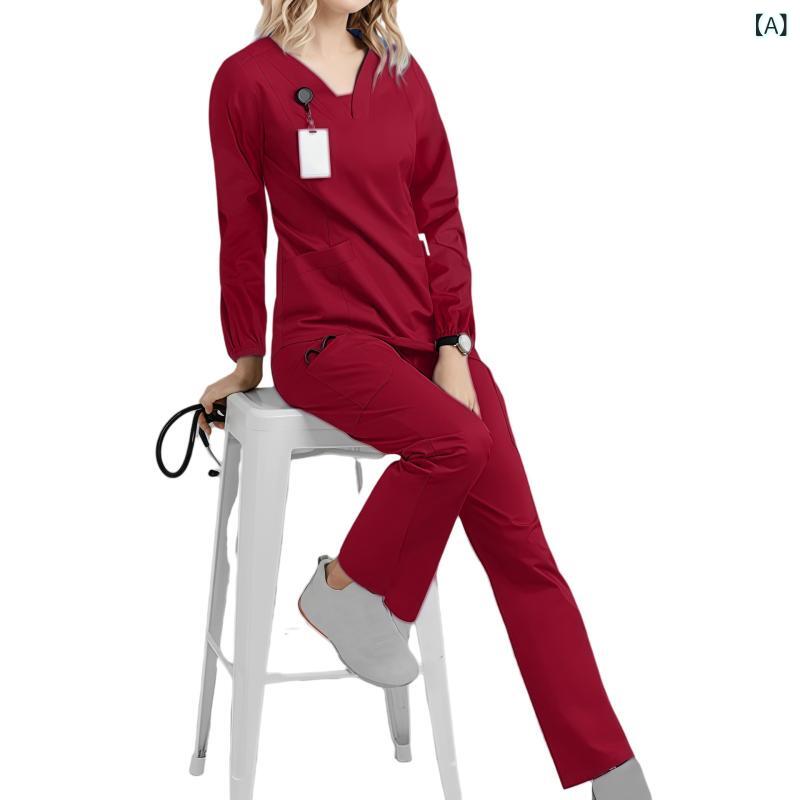 スクラブ レディース 吸汗速乾 長袖 上下セット 医師 ドクター用 手術室 歯科 美容 制服 ユニフォーム 作業服 ワークウェア ポリエステル スパンデックス 春夏秋