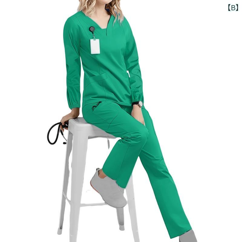 スクラブ レディース 吸汗速乾 長袖 上下セット 医師 ドクター用 手術室 歯科 美容 制服 ユニフォーム 作業服 ワークウェア ポリエステル スパンデックス 春夏秋