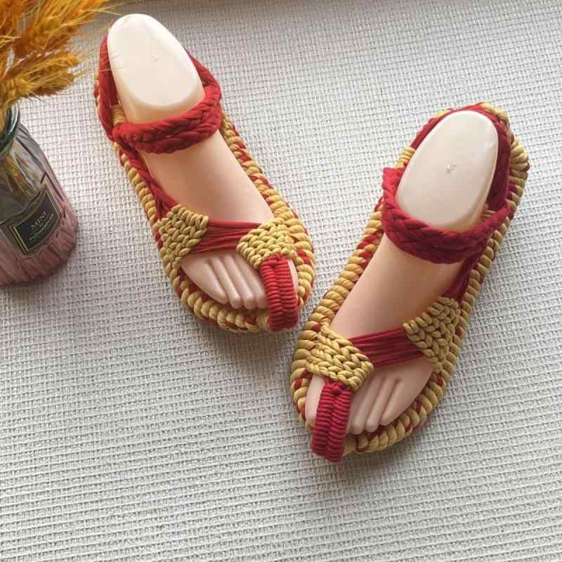 サンダル メンズ 男性用 外履き 手編み コットン 通気性 吸汗性 ソフトソール レースアップ オープントゥ レトロ ヴィンテージ カジュアル グリーンホワイトミックス ホワイト