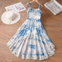 ワンピース レディース 女性用 タイダイ染め レース キャミソール ストラップ Aライン ミディ丈 ノースリーブ ハイウエスト コットン アシンメトリー ティアードスカート ハイローヘム スウィート 爽やか 春夏